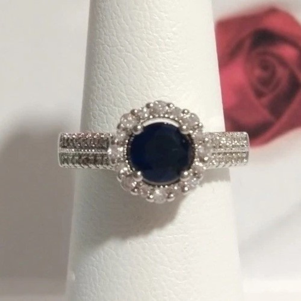 Vintage Blue Sapphire Ring Halo CZ Cocktail Ring Silver Tone Size 6 RC1